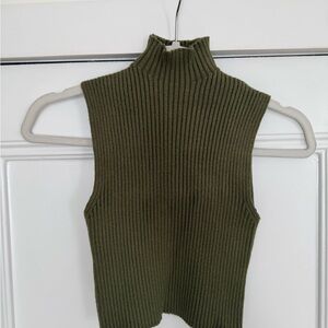 Olive Green Ribbed Sleeveless Turtleneck